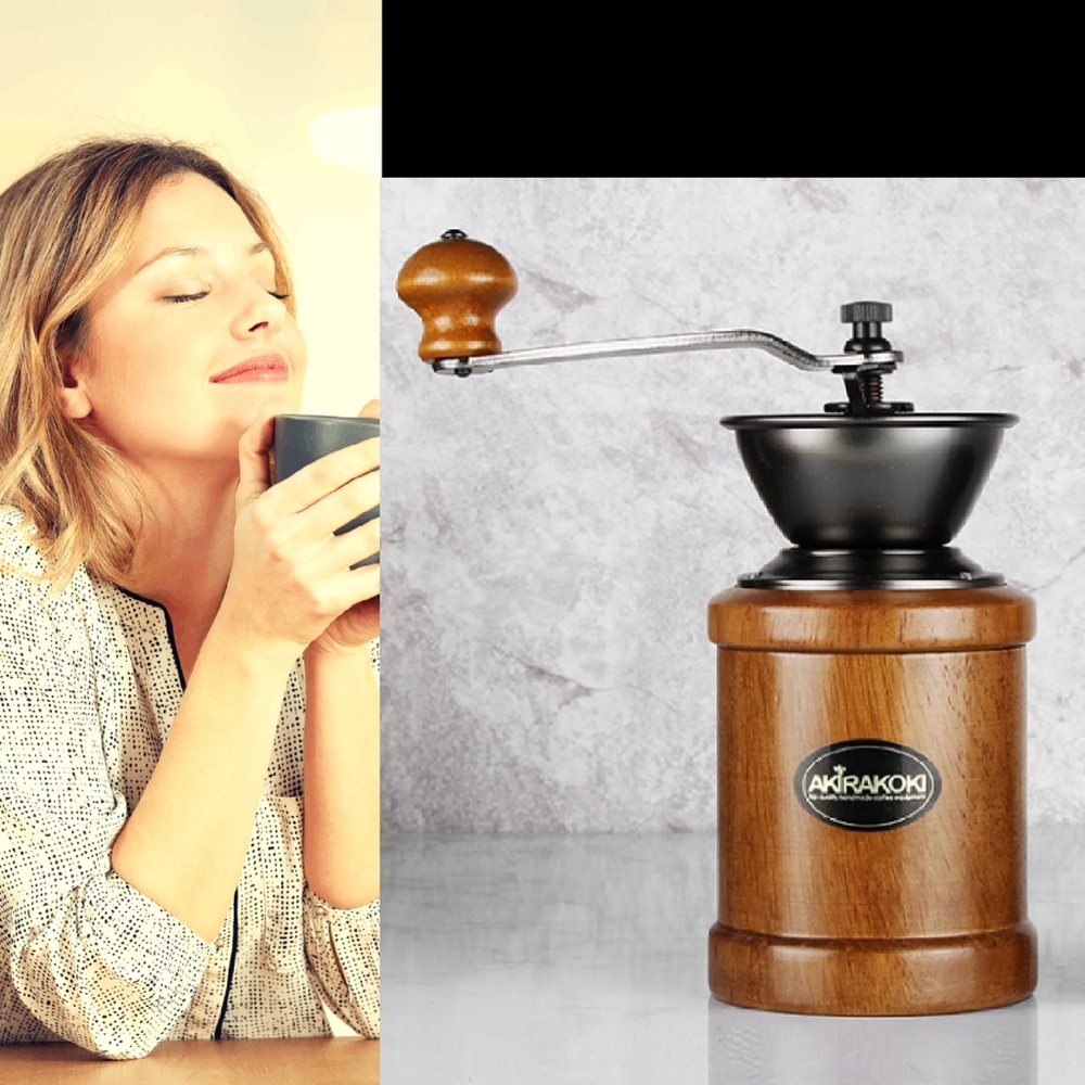 AKIRAKOKI Genuine Manual Coffee Bean Grinder Cast Iron Burr Mill Wooden A13